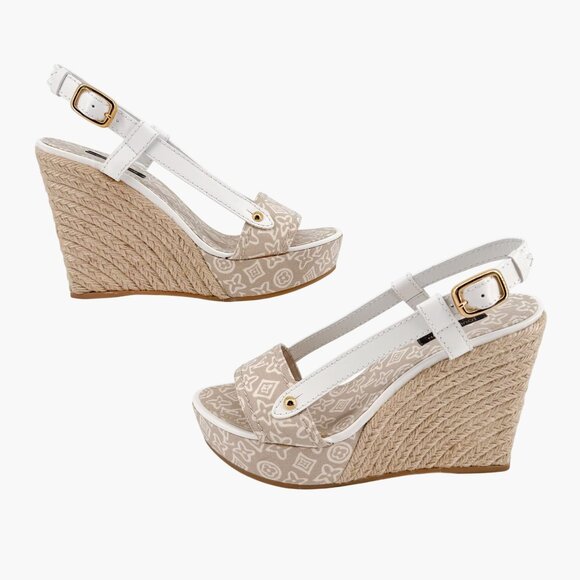 Louis Vuitton Espadrille Wedge Sandals Size 38.5 US 8.5 Beige LV Canvas Platform - Picture 7 of 14
